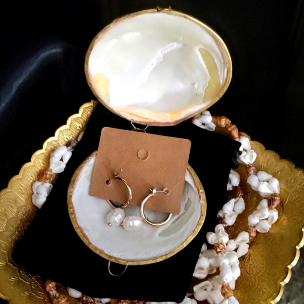 Shell Coin Purse With Gold-plated Fresh Water Pearl Hug Earrings